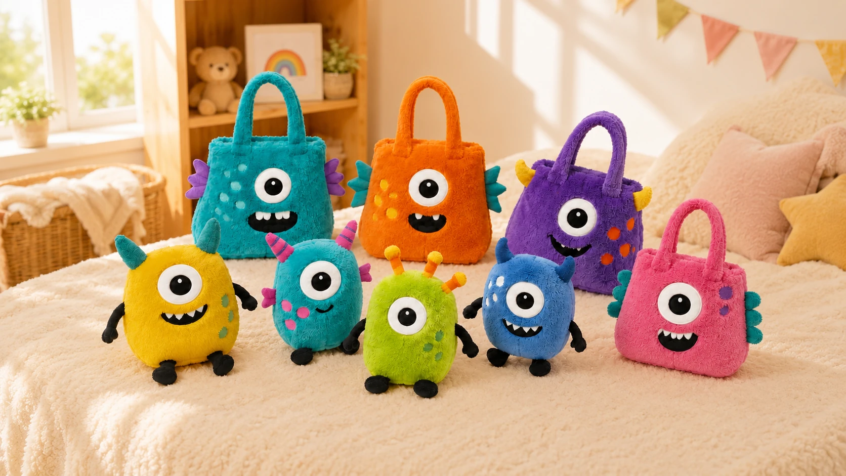 Colorful custom monster plush toys and plush bags displayed in a children's room
