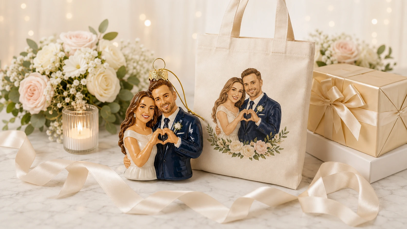 Personalized wedding couple ornament and matching custom canvas tote bag