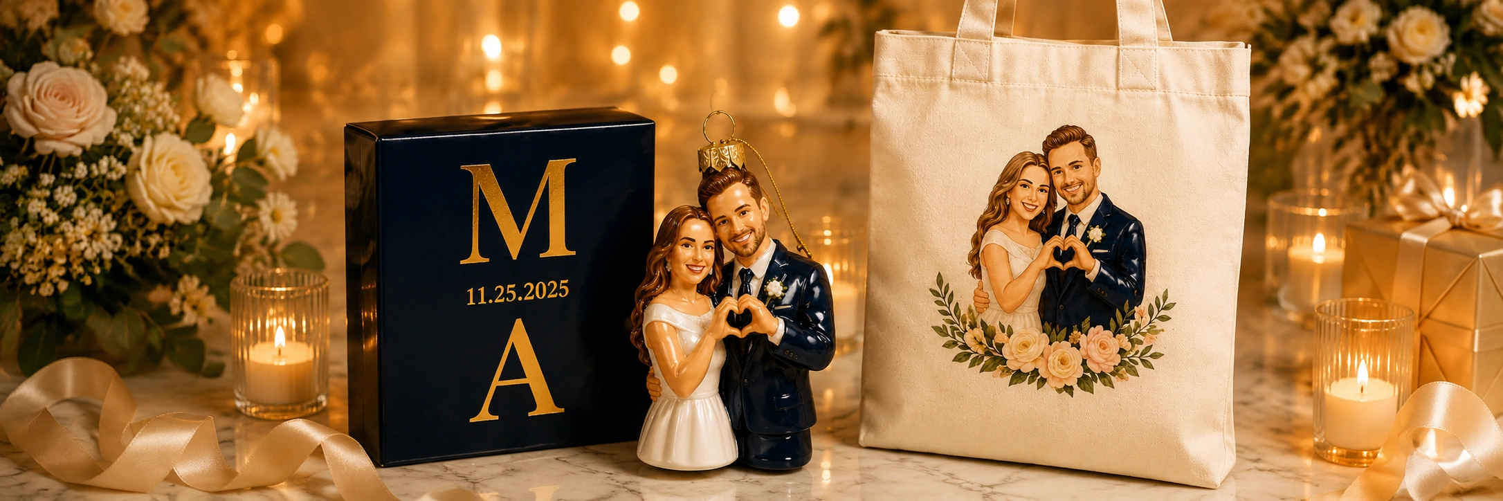 Custom wedding favors for a Dutch couple featuring a personalized glass Christmas ornament, navy gift box, and printed canvas tote bag.