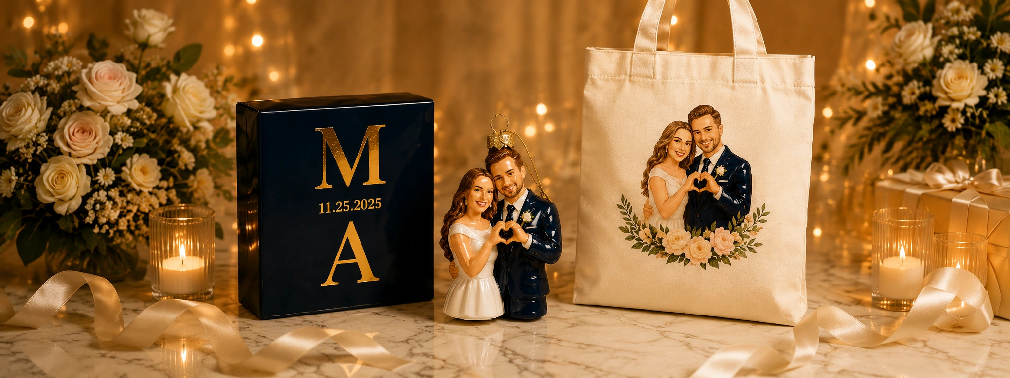 Completed custom wedding gift set with a personalized glass ornament, navy presentation box, and printed tote bag in a warm wedding setting.