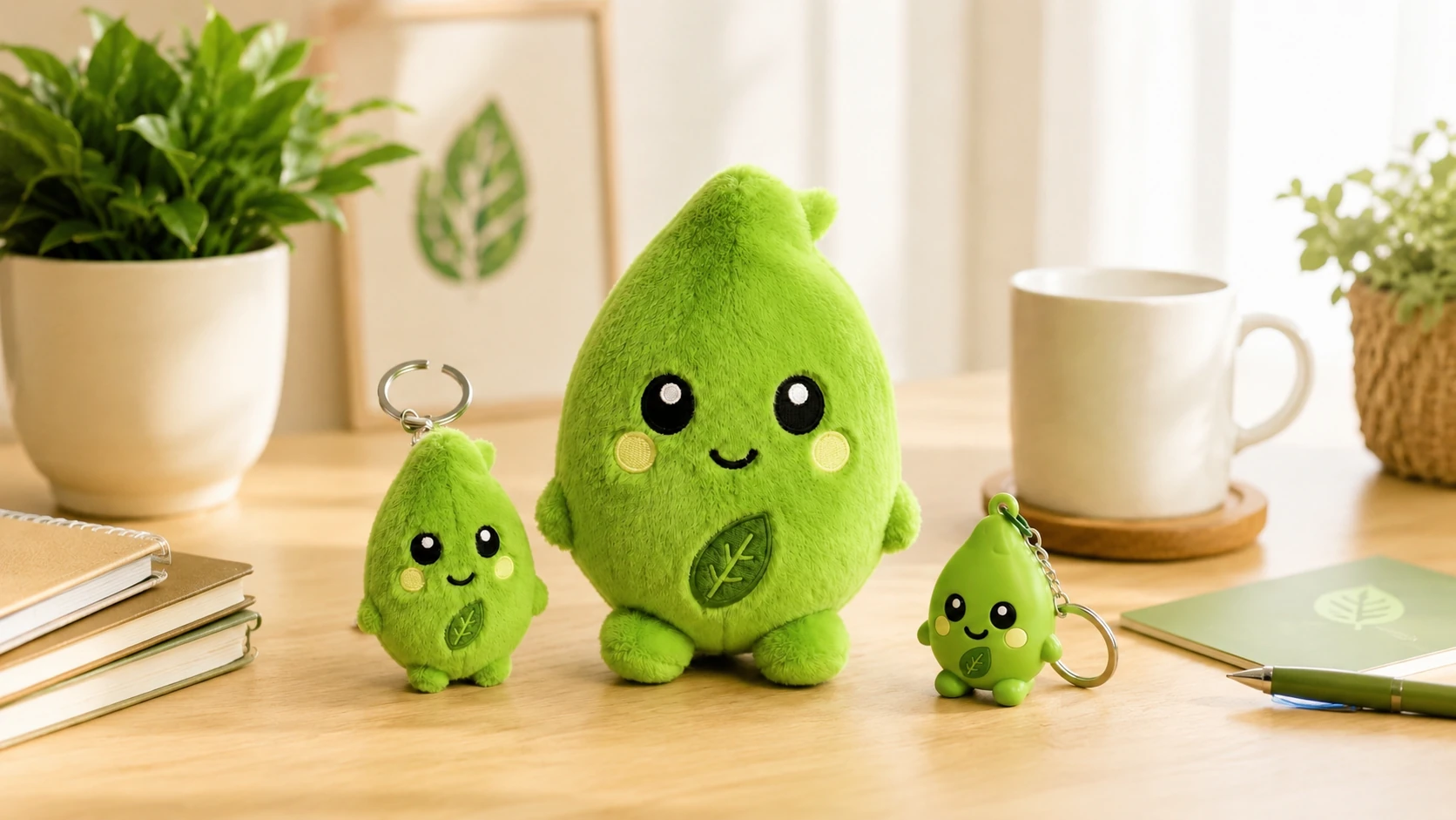 Custom green leaf mascot plush toy with matching plush and PVC keychains