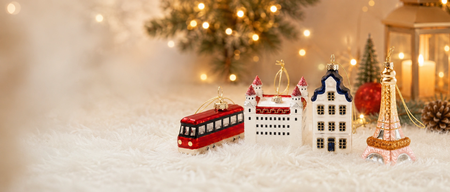 European landmark glass Christmas ornaments featuring London bus, Bratislava Castle, Dutch house and Eiffel Tower designs