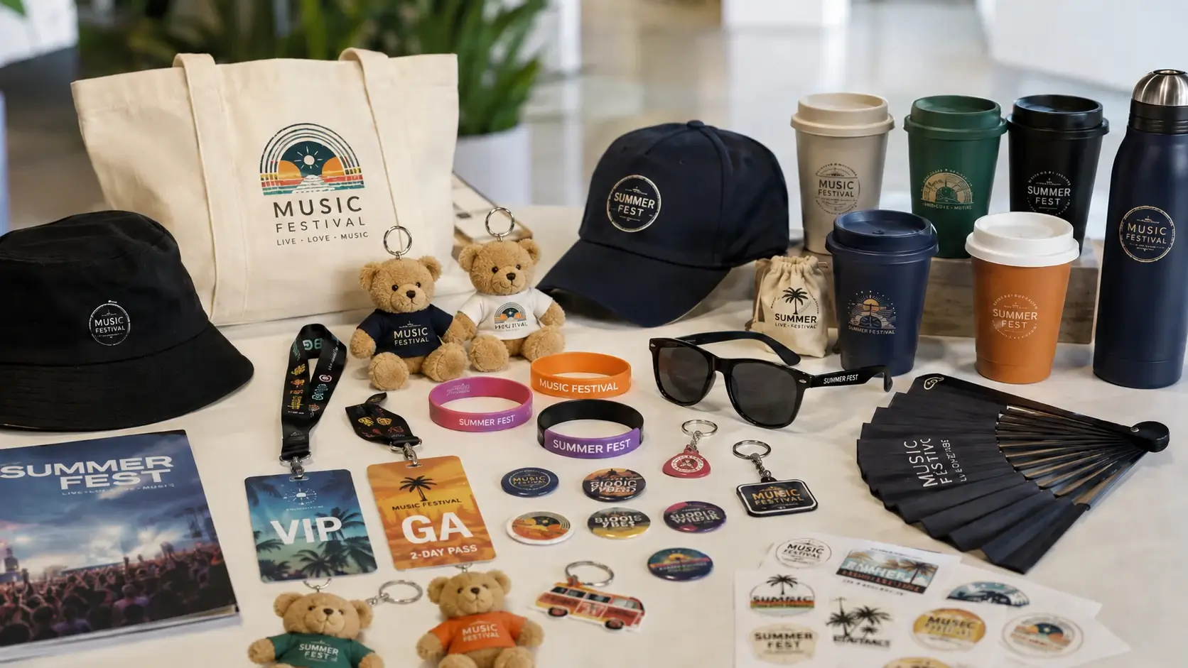 Italian music festival merchandise including tote bags caps cups wristbands lanyards and teddy bear plush keychains