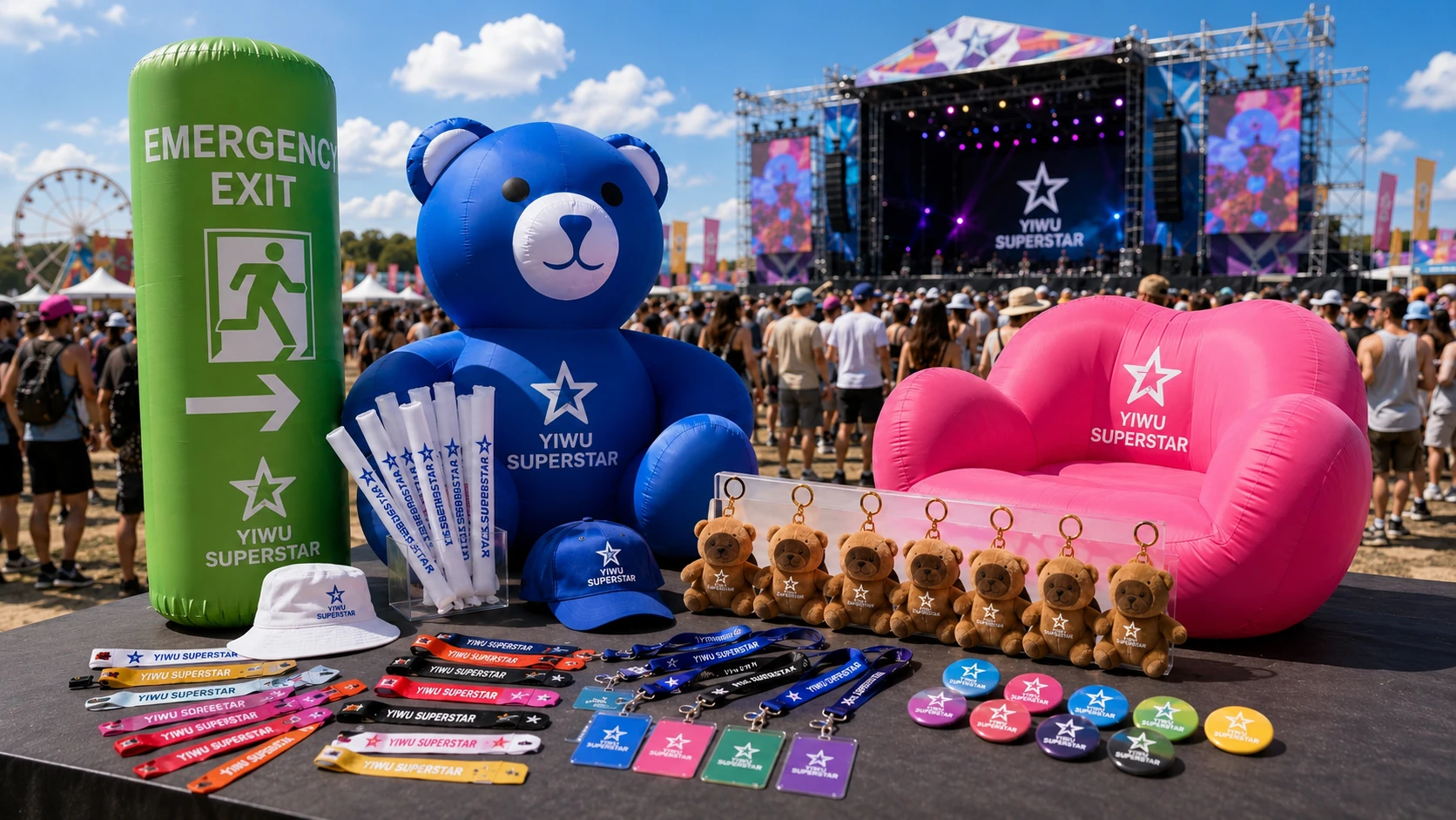 Custom music festival merchandise including inflatable displays, plush keychains, hats, lanyards and badges