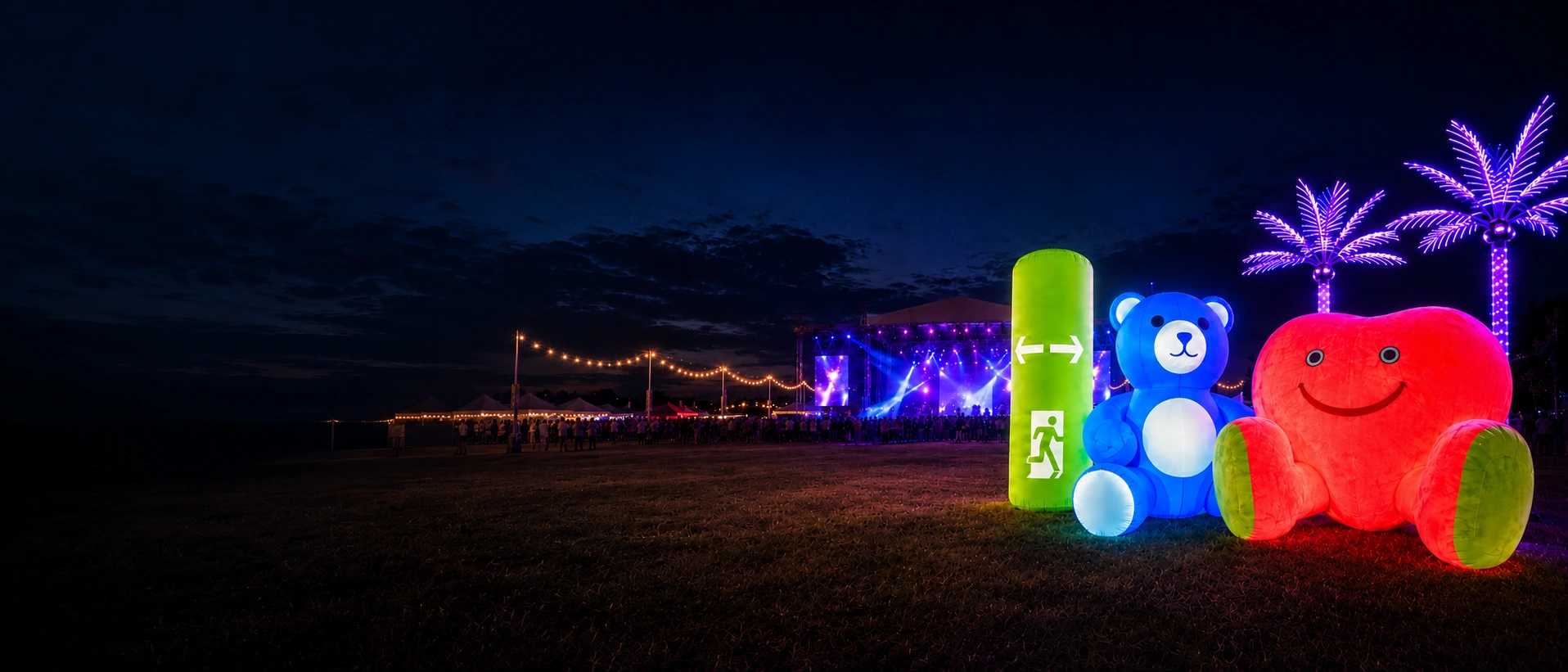 Music festival one stop sourcing project with inflatable bear, heart display, LED palm tree and event products