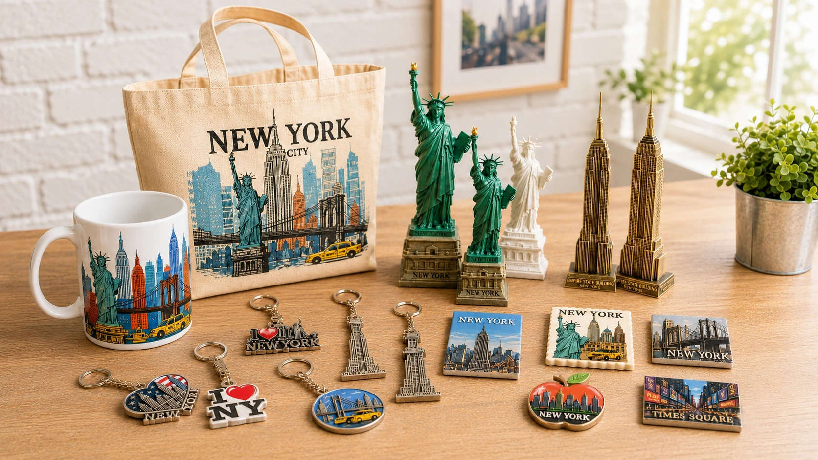 Custom New York souvenirs including tote bag, mug, landmark models, keychains and fridge magnets