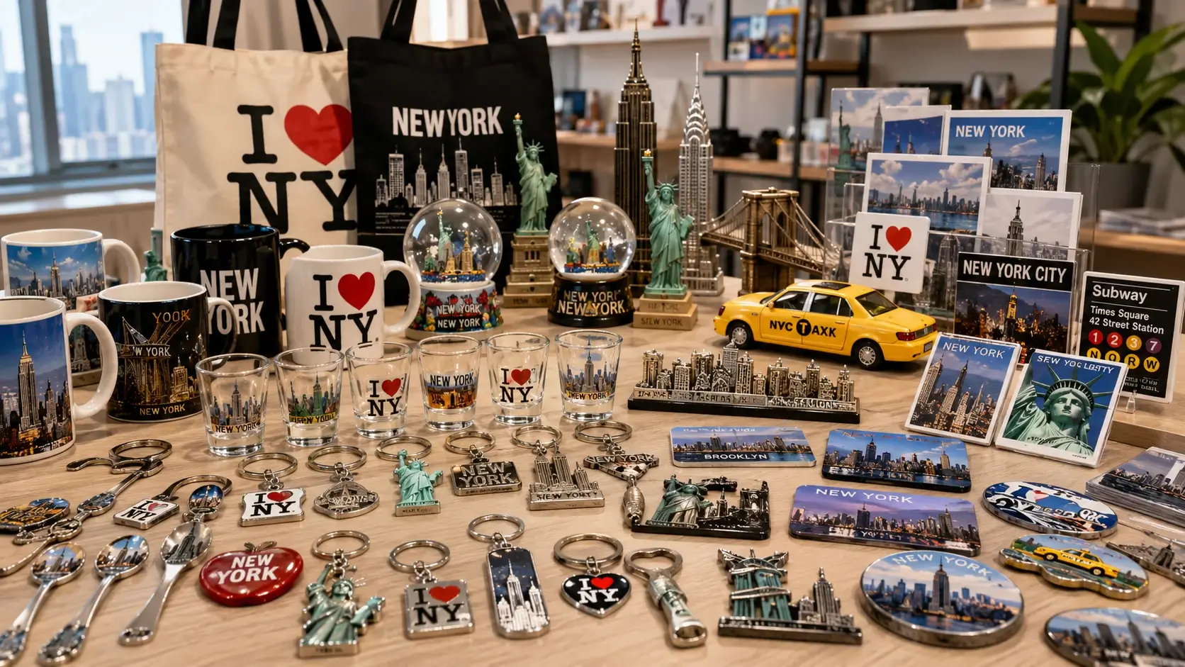 Assorted New York tourism souvenirs including mugs snow globes keychains magnets tote bags and Statue of Liberty gifts