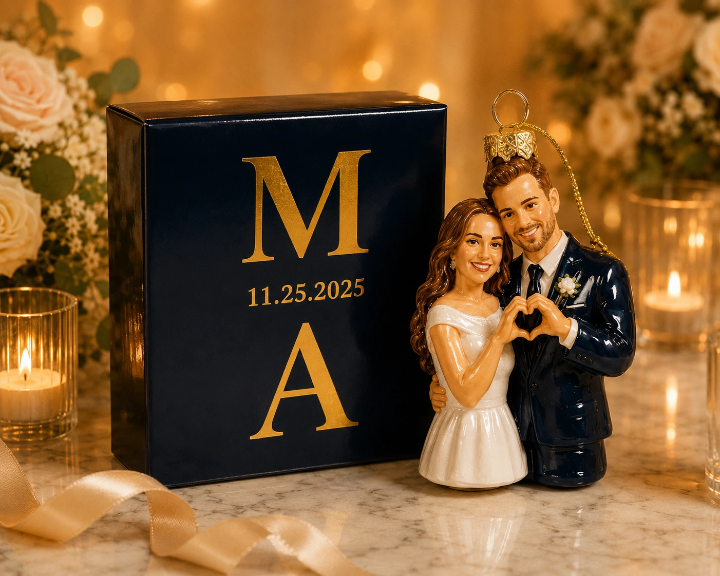 Personalized glass Christmas ornament of a bride and groom displayed beside a navy wedding gift box with gold initials.