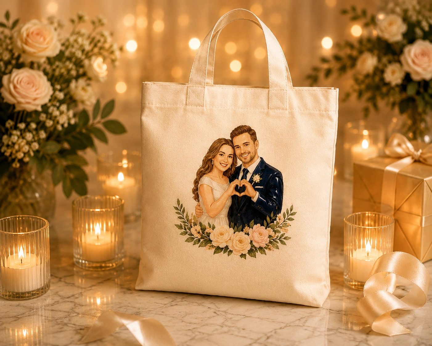 Personalized canvas tote bag printed with a custom bride and groom illustration and floral wedding elements.