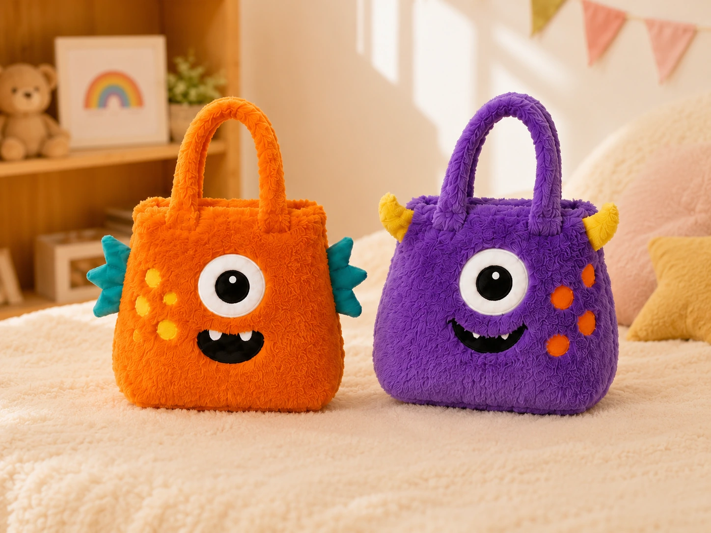 Orange and purple custom monster plush bags displayed together