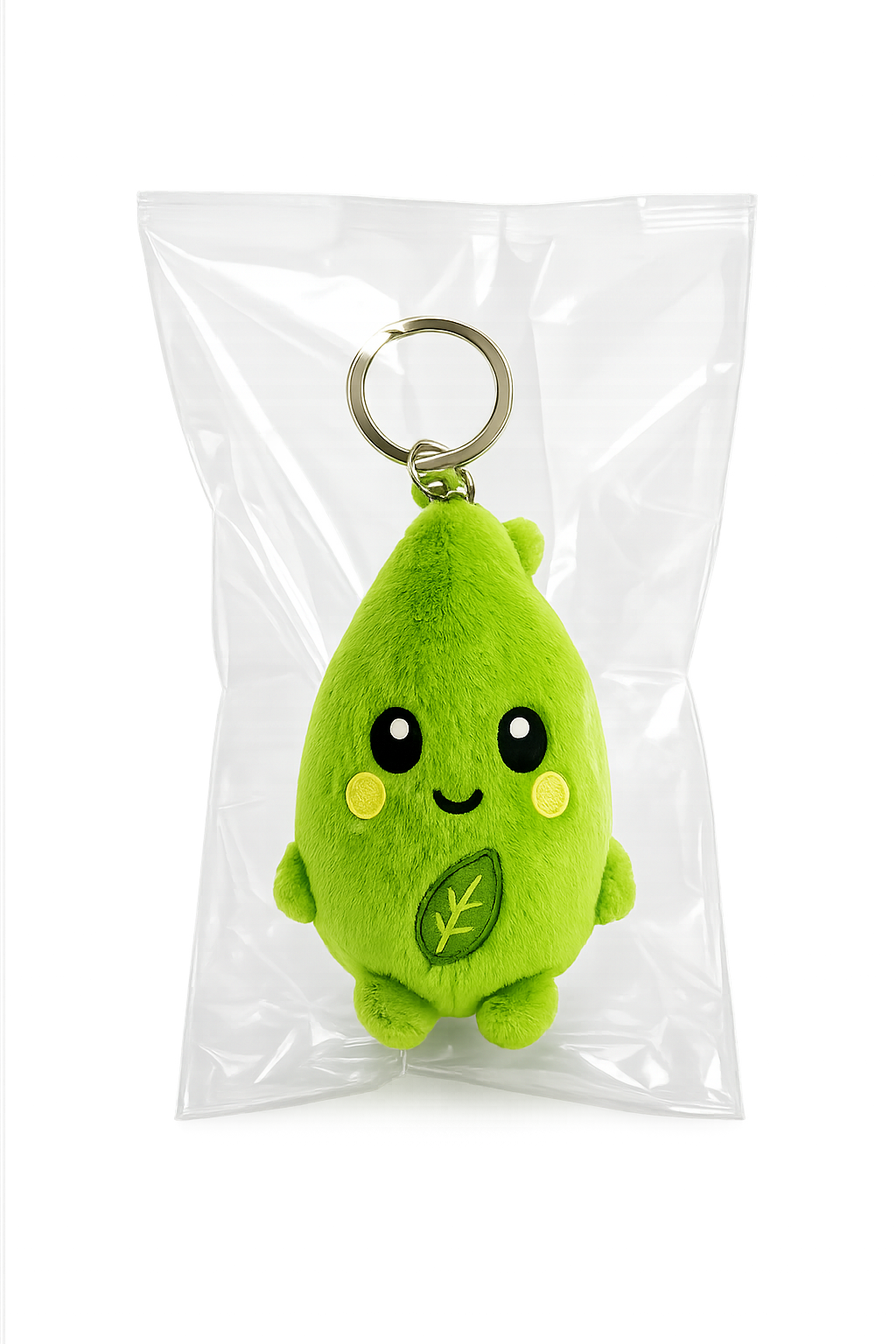 Custom plush keychain individually packed in a clear OPP bag