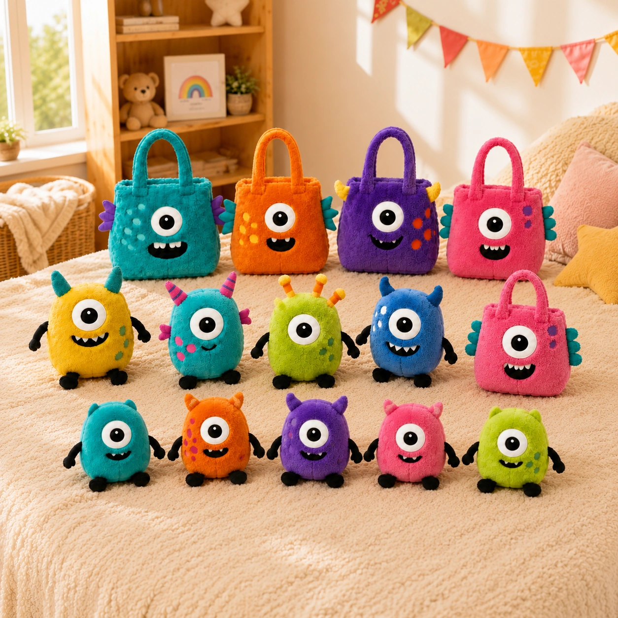 Full collection of colorful custom monster plush toys and matching plush bags