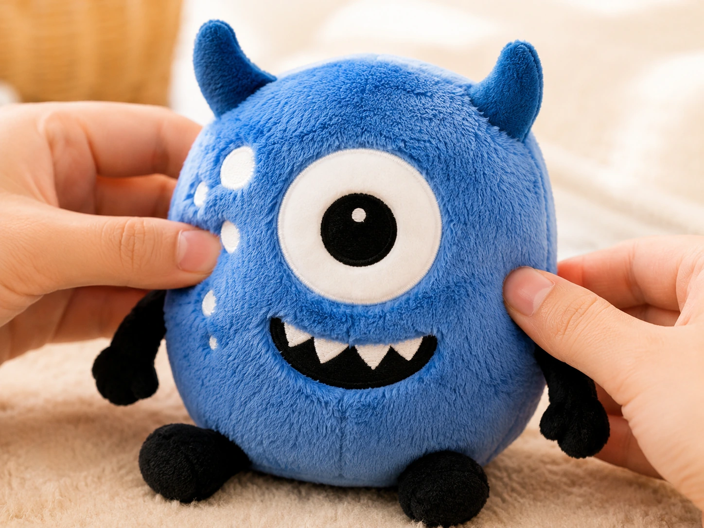 Hands gently pressing a blue monster plush toy to demonstrate its soft elastic fabric