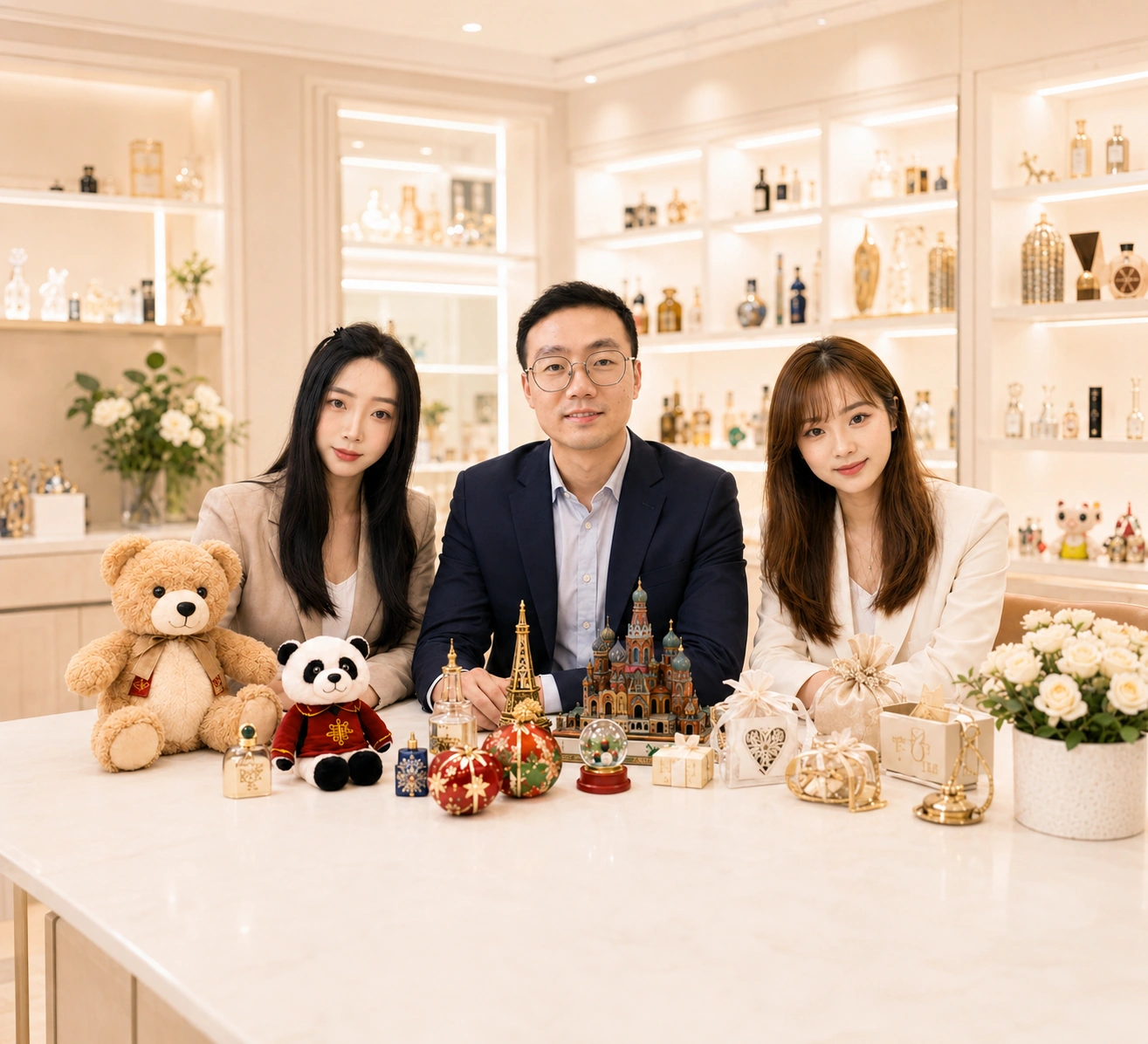 Yiwu Superstar sourcing team presenting custom plush toys, Christmas decorations and tourism souvenirs
