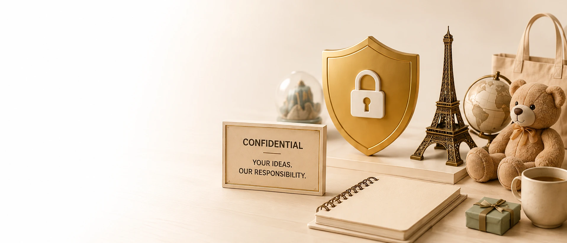 Gold security shield, confidential sign and custom product samples representing Yiwu Superstar NDA protection