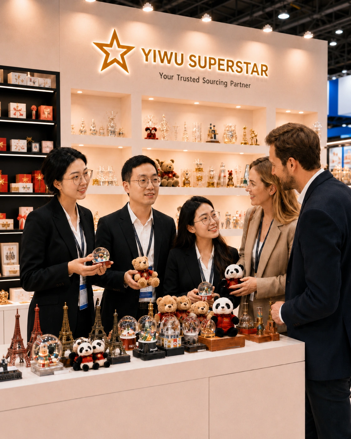 Yiwu Superstar team meeting international clients at a trade show booth