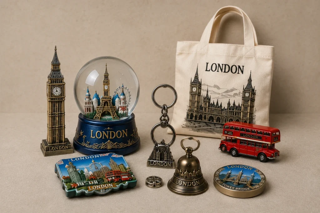 Custom London tourist souvenir collection with snow globe, magnet, tote bag and keychain