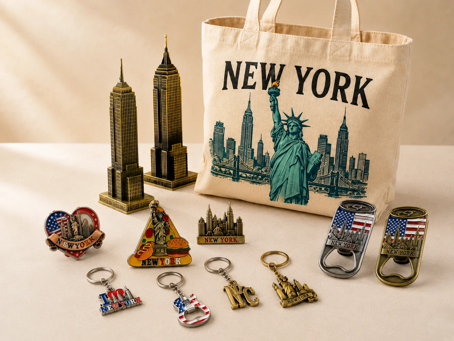 New York souvenir collection featuring canvas tote bag, metal magnets, bottle openers and souvenir keychains