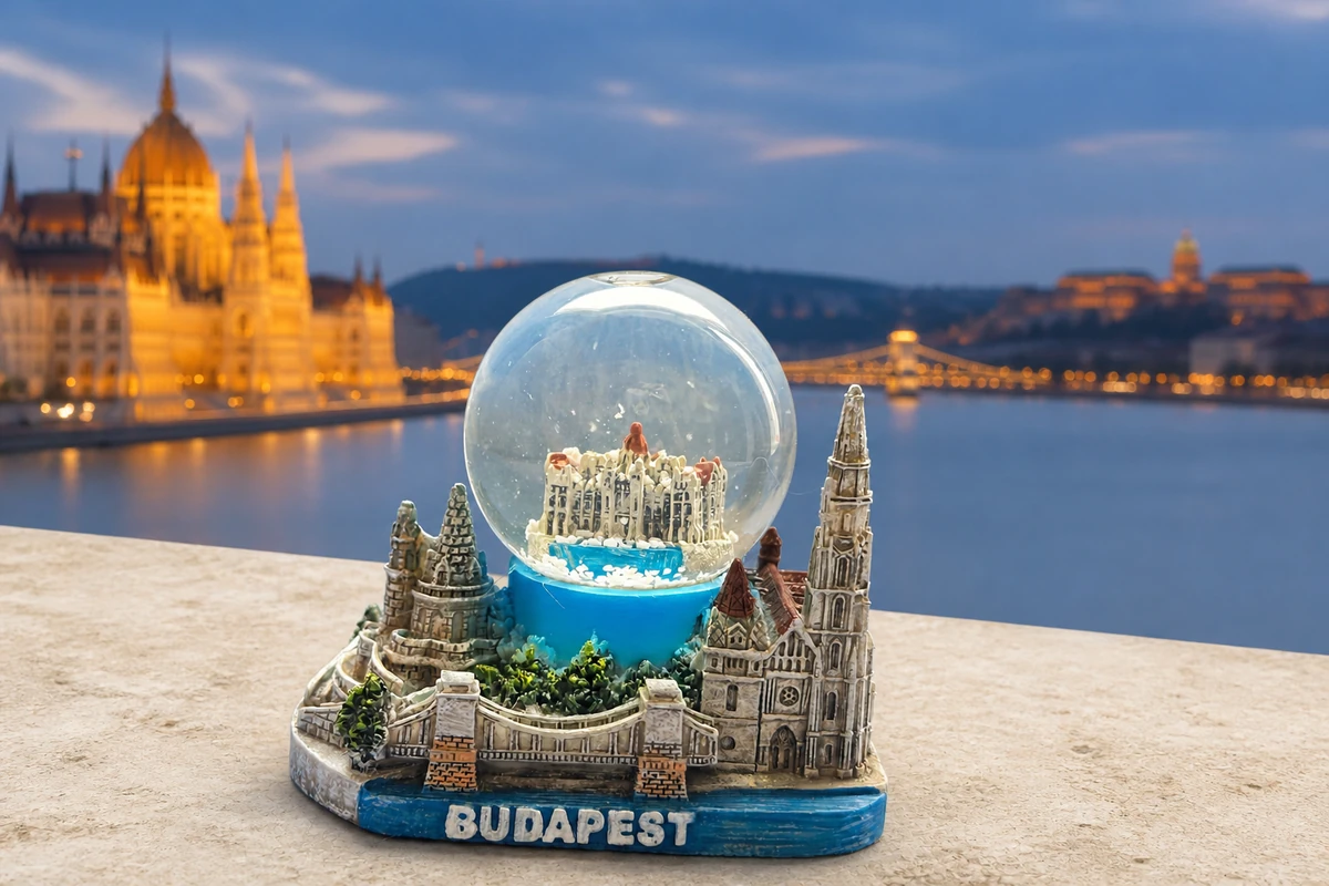 Budapest polyresin snow globe with sculpted landmarks, bridge, church tower, and destination lettering