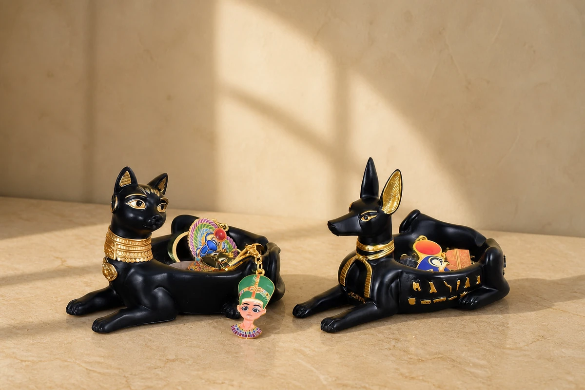 Black and gold Egyptian-style polyresin animal jewelry holders with colorful souvenir jewelry