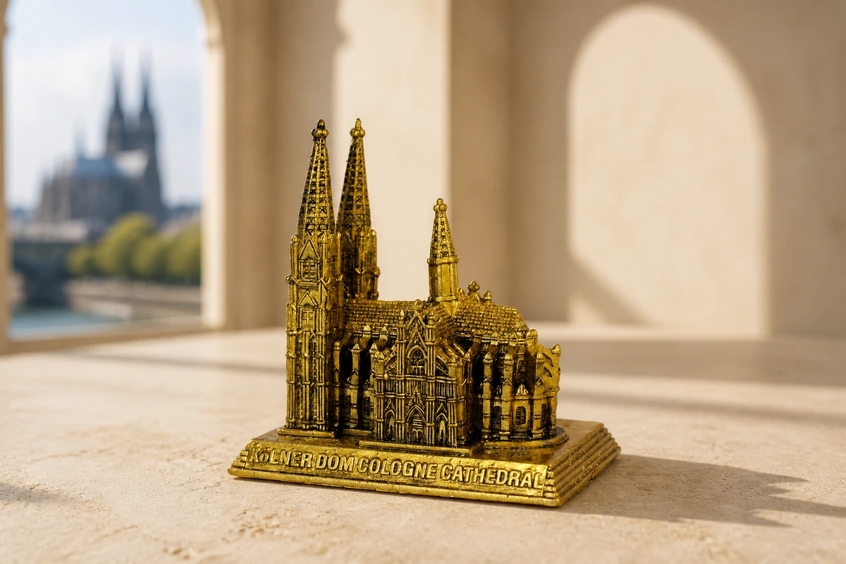 Antique gold Cologne Cathedral polyresin landmark model with detailed Gothic architecture
