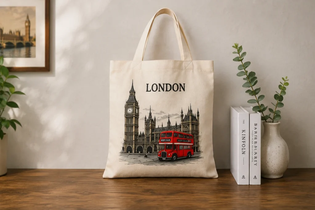 Custom London canvas tote bag with Big Ben and red bus artwork
