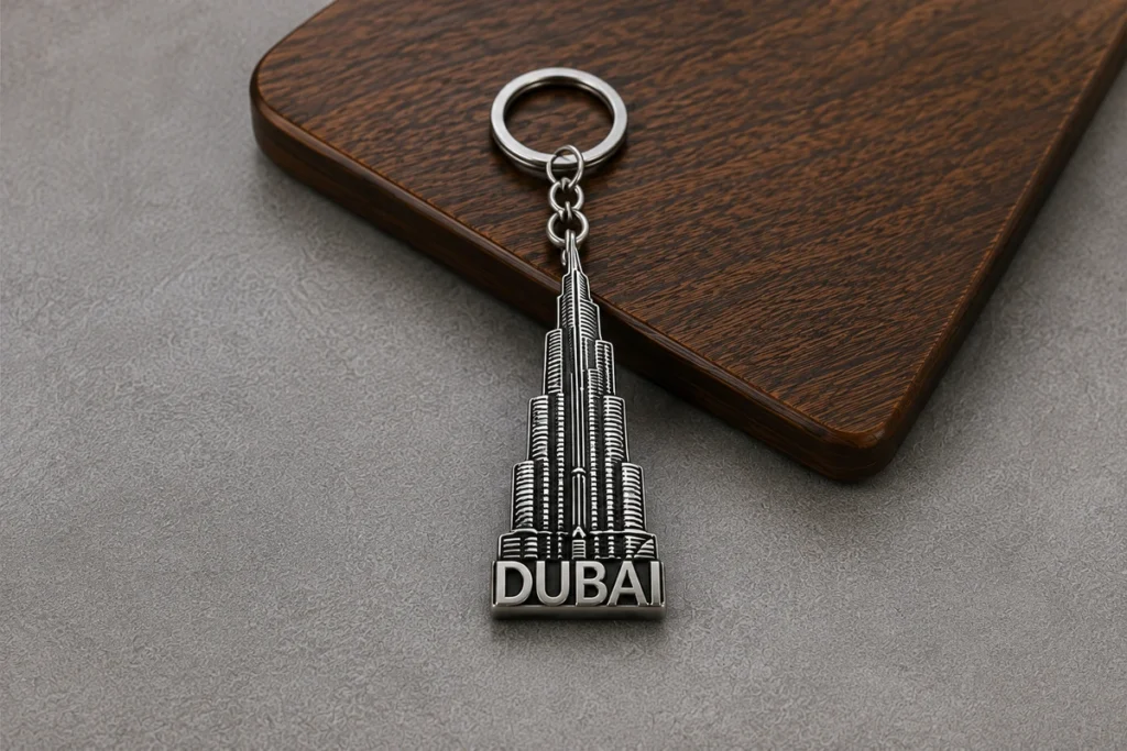 Dubai landmark metal keychain with Burj Khalifa inspired design