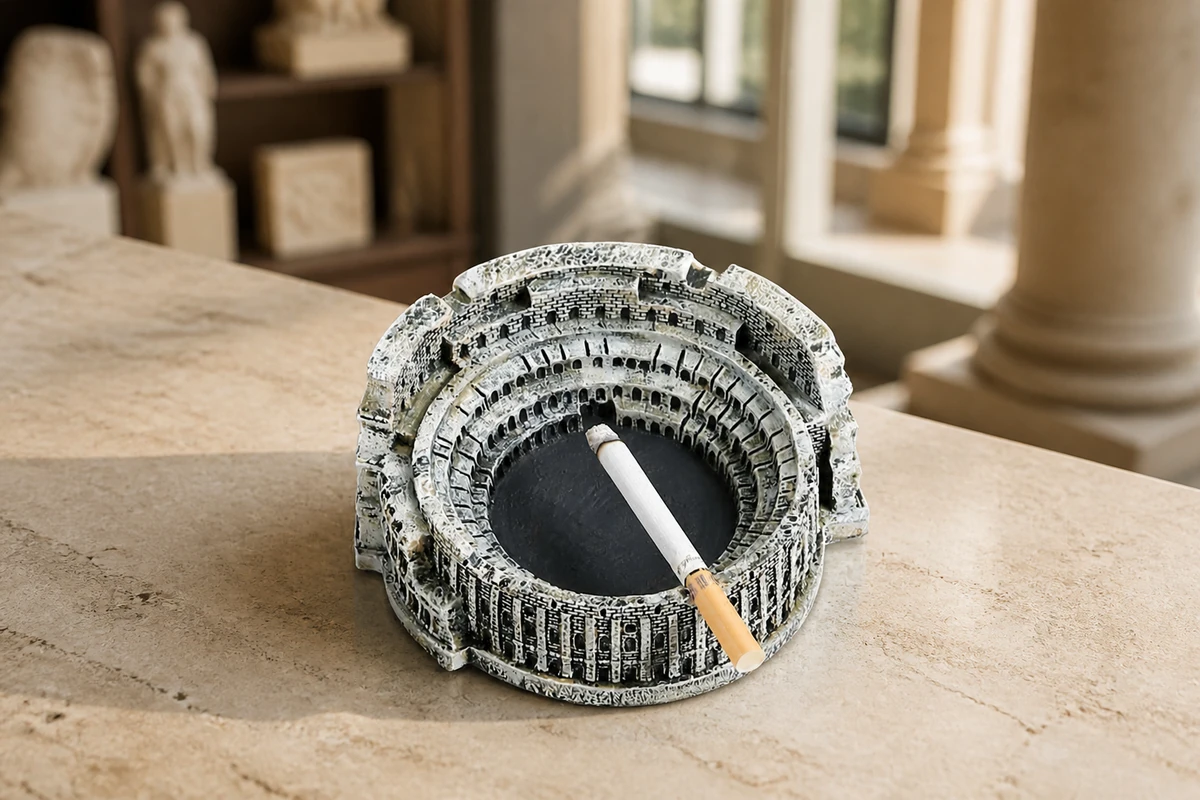 Rome Colosseum-shaped polyresin ashtray with carved masonry detail and dark inner bowl