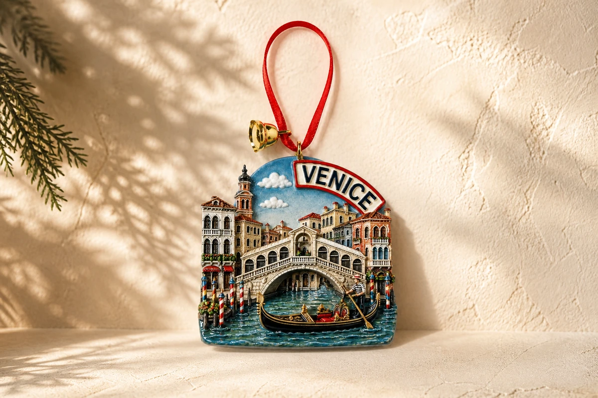 Venice polyresin Christmas ornament with Rialto Bridge, gondola, canal buildings, red cord, and gold bell
