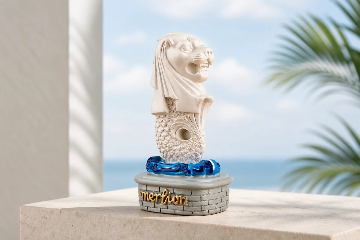 White Singapore Merlion polyresin figurine on blue waves and a gray brick base