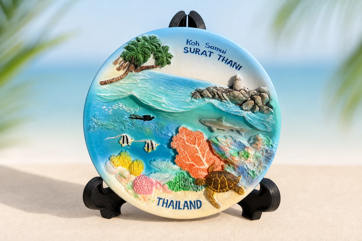 Koh Samui Thailand polyresin decorative plate with coral reef, shark, turtle, diver, fish, and palm trees