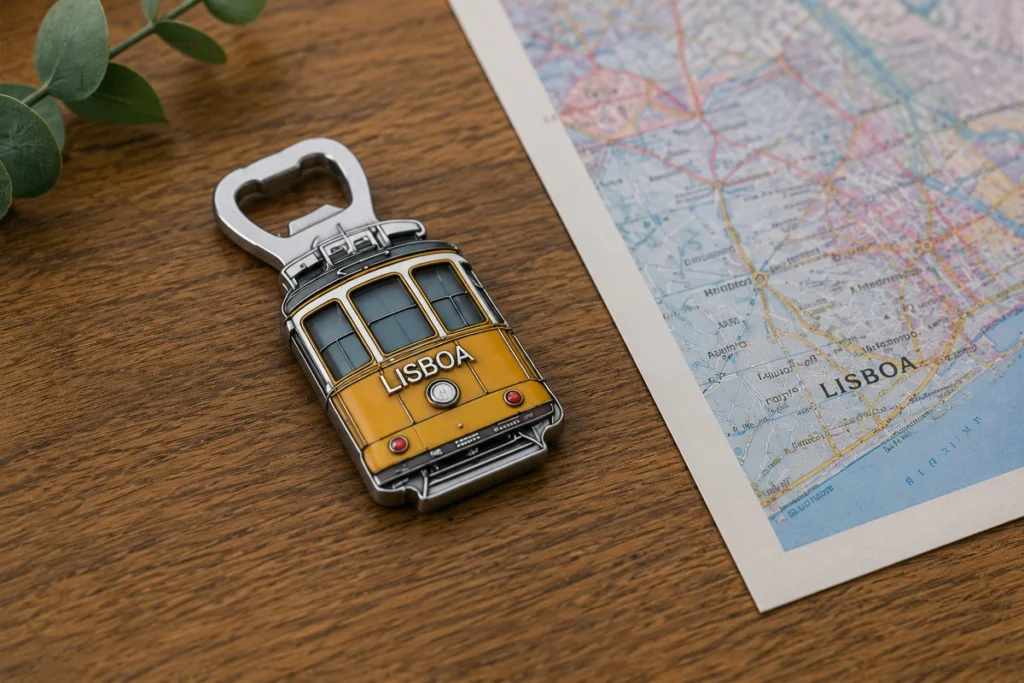 Lisbon tram souvenir bottle opener with city map background