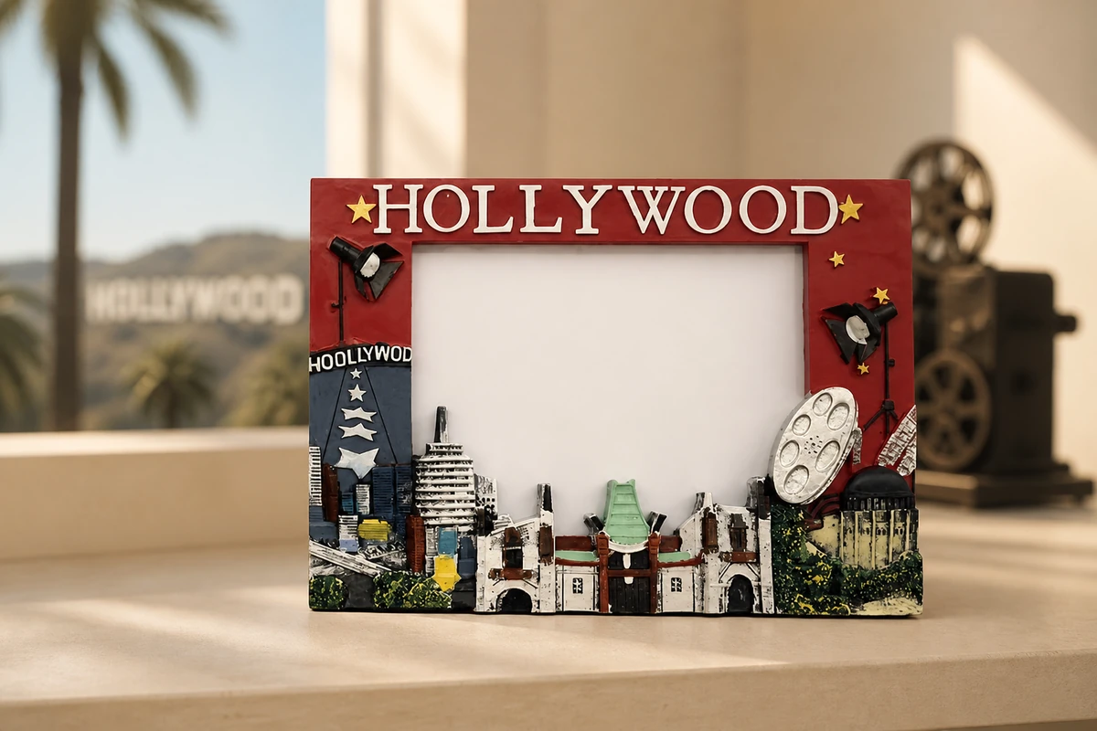 Red Hollywood polyresin photo frame with skyline, film reel, studio lights, stars, and destination lettering