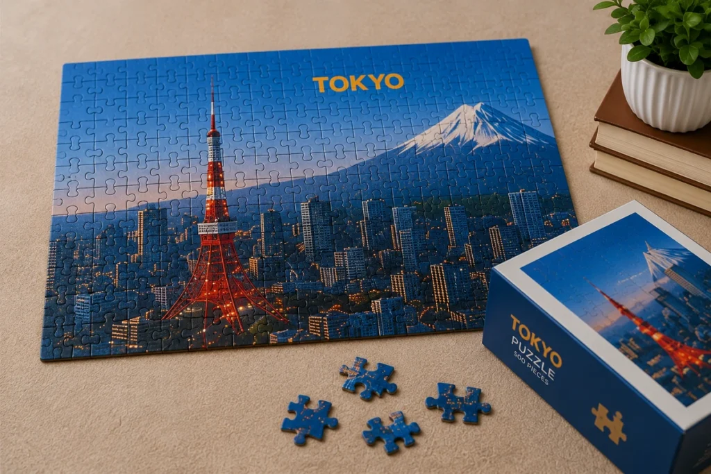 Tokyo landmark jigsaw puzzle with Tokyo Tower and Mount Fuji design