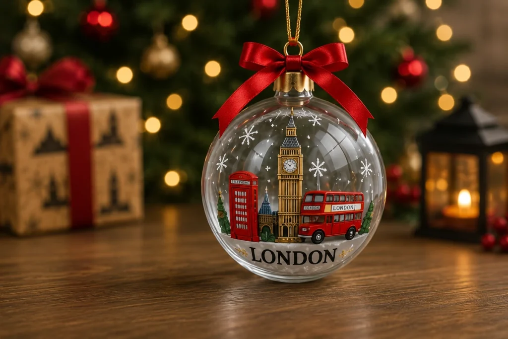 London Christmas glass ornament with Big Ben and red bus design
