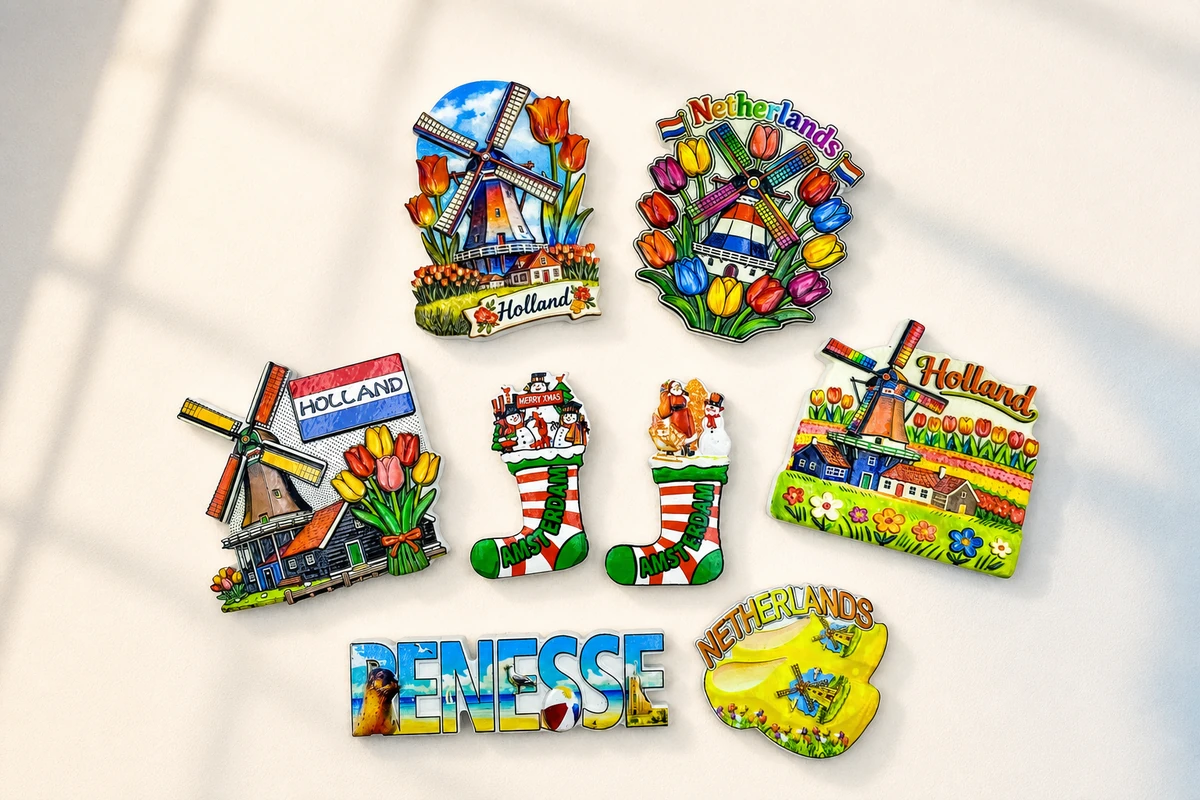 Collection of colorful Netherlands polyresin fridge magnets with windmills, tulips, houses, and destination names