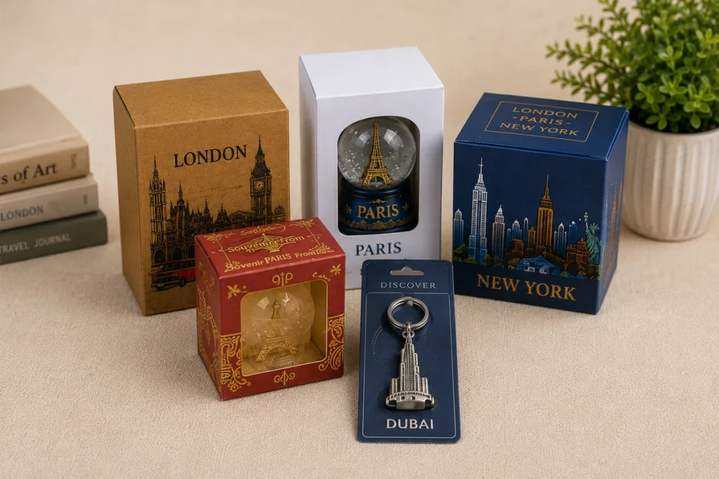 Custom tourist souvenir packaging for London, Paris, New York and Dubai gifts