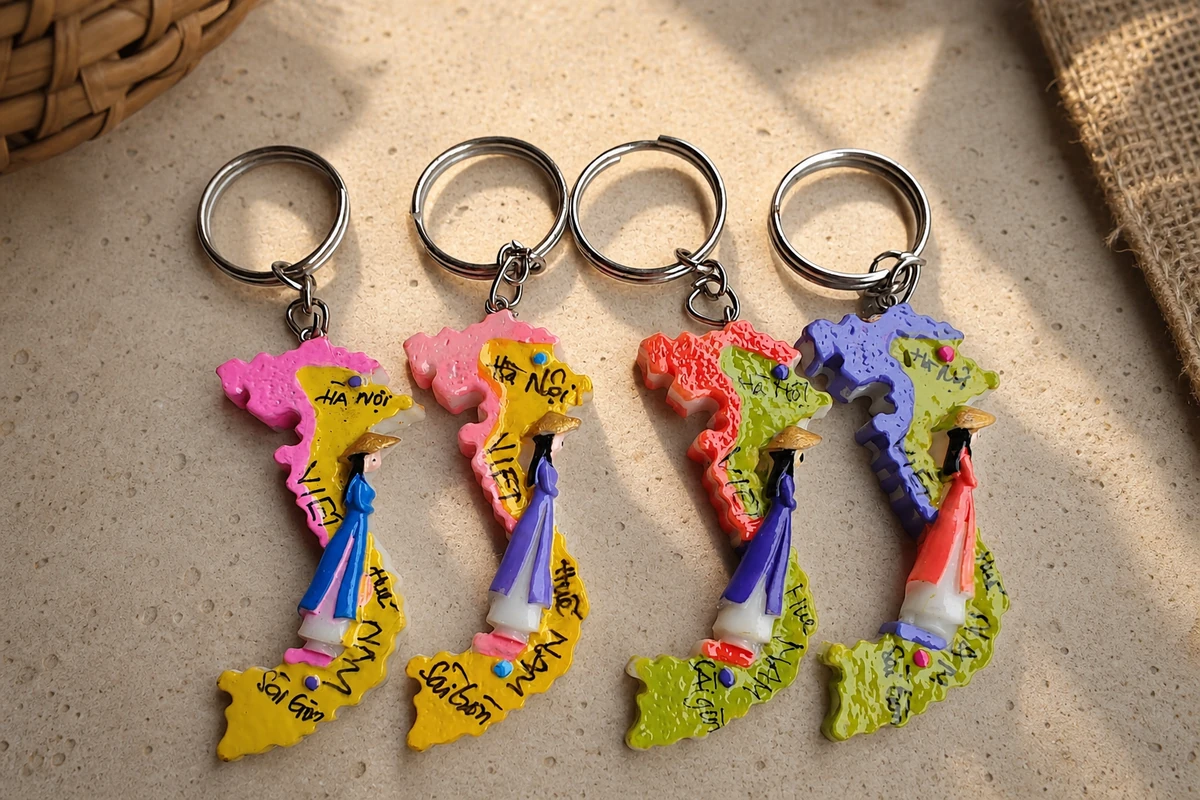 Four colorful Vietnam map-shaped polyresin keychains with raised figures and metal rings