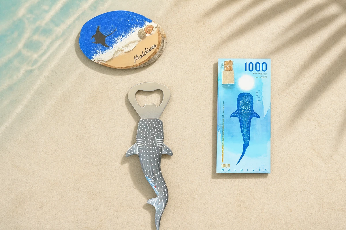 Maldives whale shark polyresin bottle opener with matching oval souvenir and marine-design reference