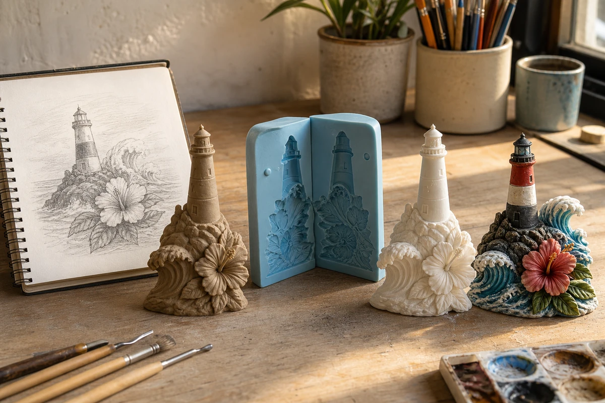 Souvenir design workbench with lighthouse sketch, clay master, silicone mold, unpainted casting, and painted polyresin sample