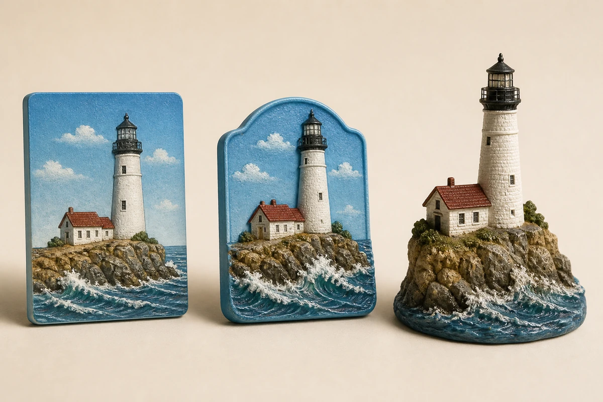 Side-by-side comparison of flat 2D, raised 2.5D, and full 3D lighthouse polyresin souvenir designs