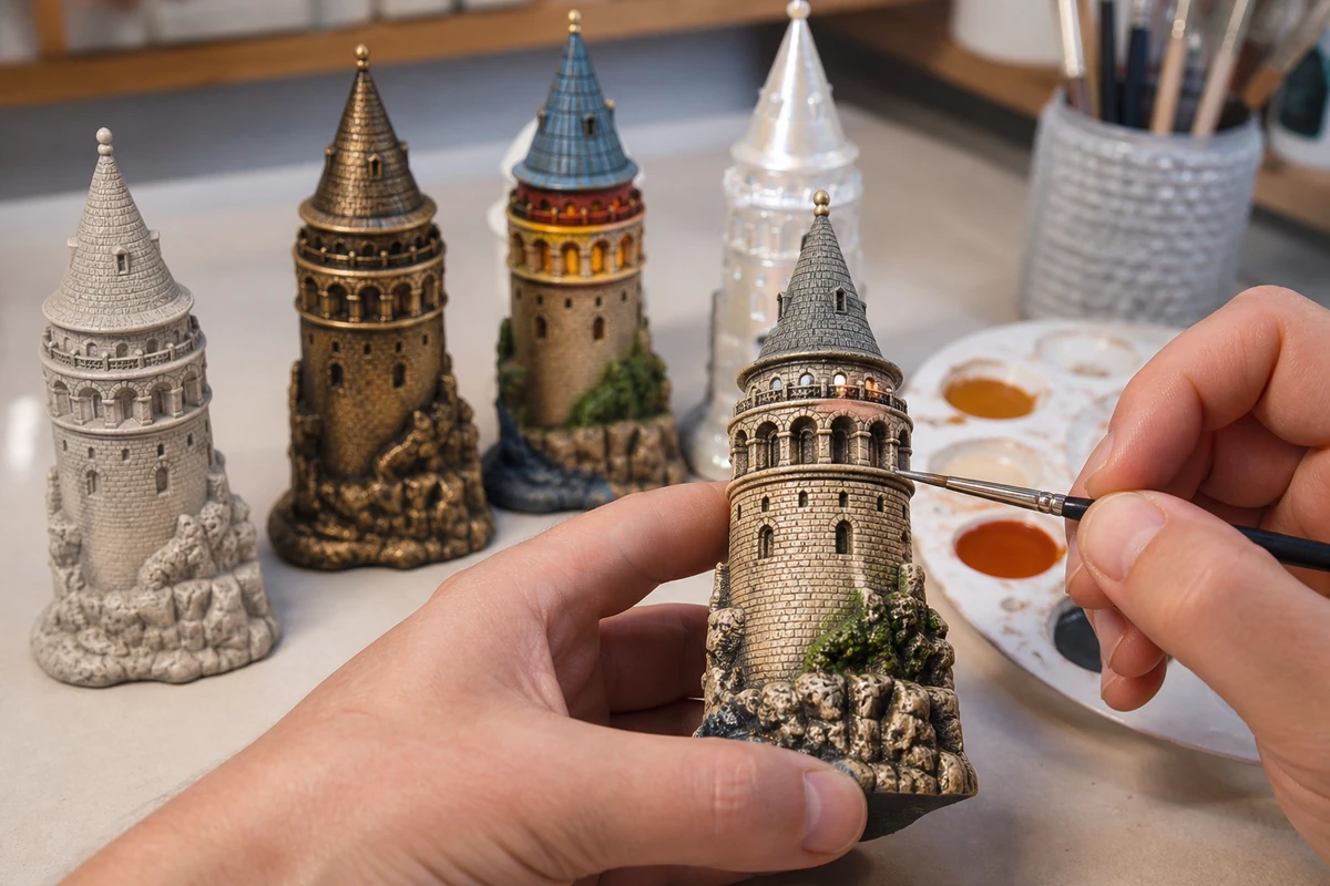 Craftsperson hand painting a detailed polyresin tower with matte, antique metallic, glossy, and pearl finish samples nearby