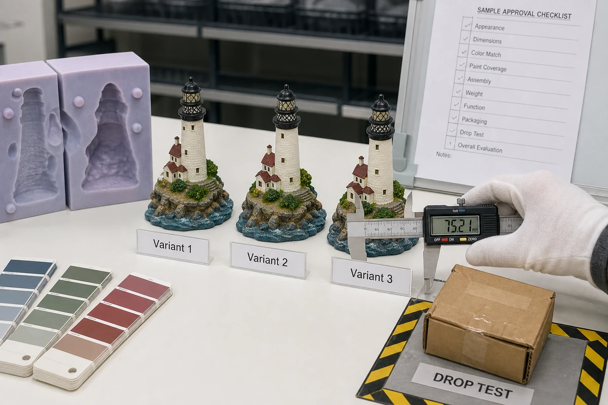 Polyresin lighthouse samples, silicone mold, color swatches, caliper measurement, approval checklist, and drop-test package