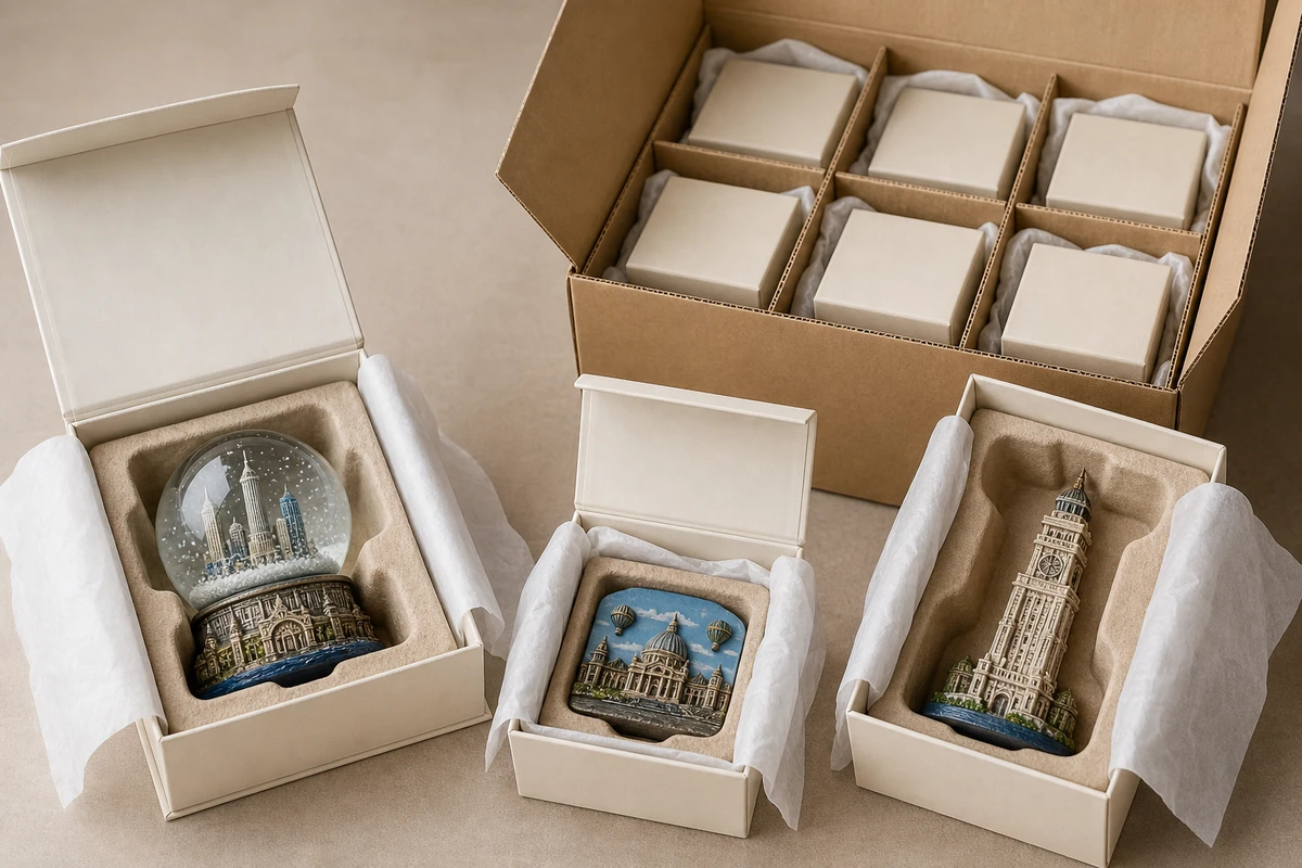 Polyresin snow globe, relief magnet, and landmark figurine protected in fitted gift boxes and a compartmented export carton