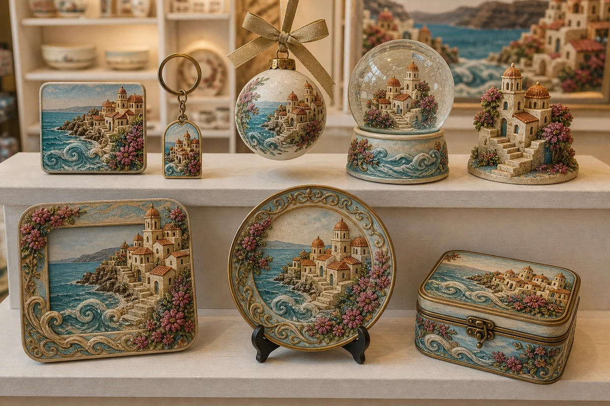 Coordinated Mediterranean-style polyresin souvenir collection with magnet, keychain, ornament, snow globe, figurine, frame, plate, and jewelry box