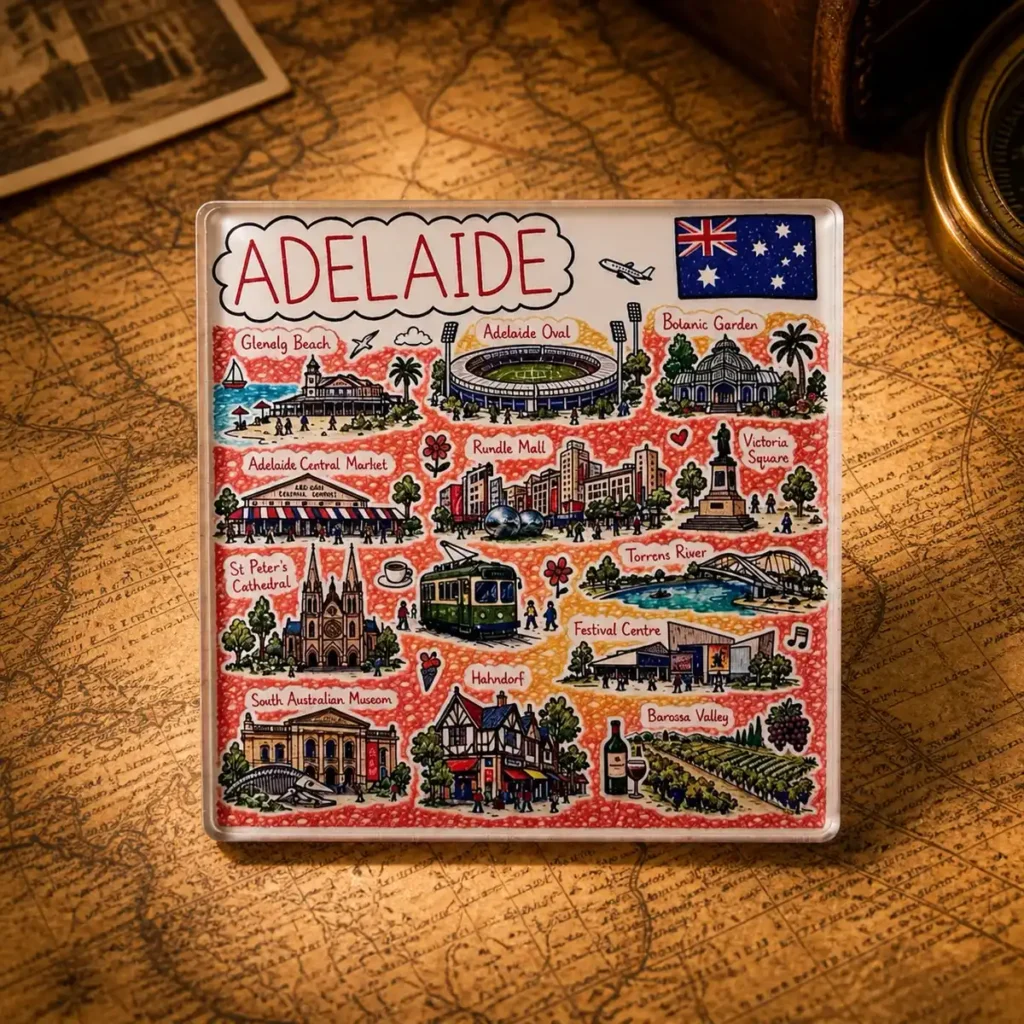 Custom acrylic Adelaide souvenir fridge magnet on a dark travel map