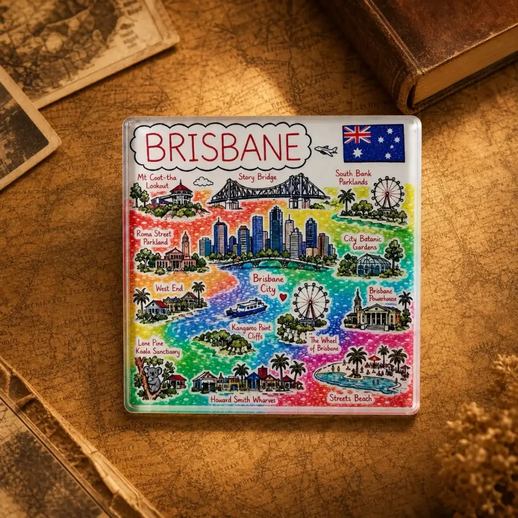 Custom acrylic Brisbane souvenir fridge magnet on a dark travel map