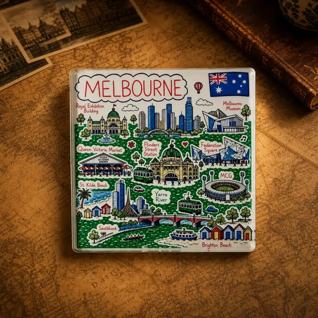 Custom acrylic Melbourne souvenir fridge magnet on a dark travel map