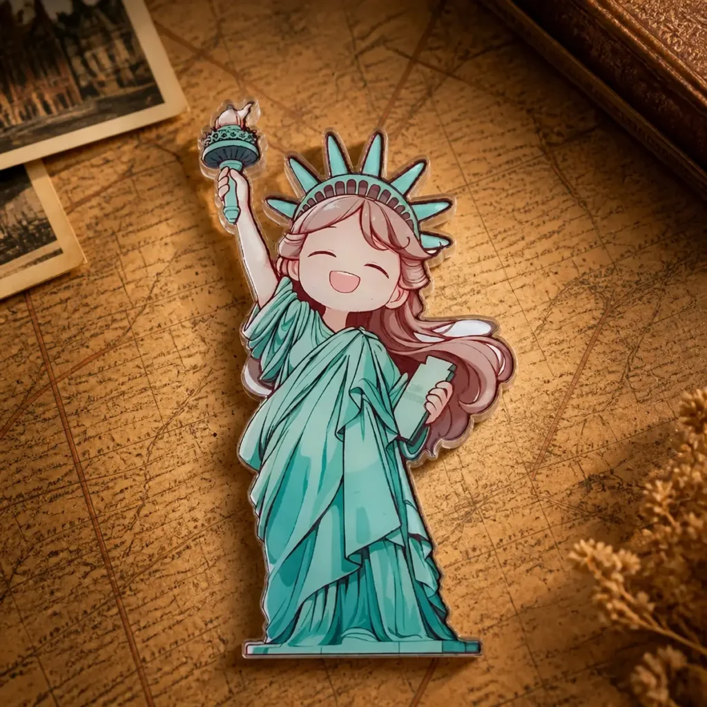Custom acrylic Statue of Liberty souvenir fridge magnet on a dark travel map