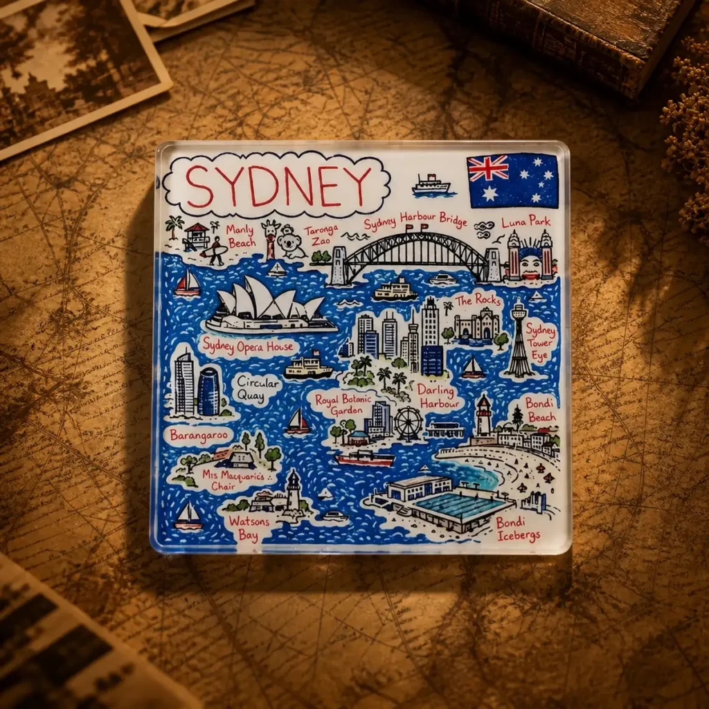 Custom acrylic Sydney souvenir fridge magnet on a dark travel map
